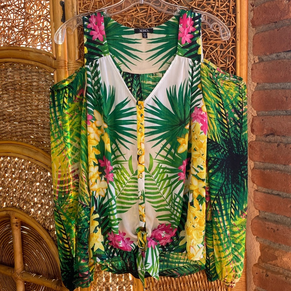 XOXO Multi Color Tropical Floral Size M Bare Shoulder Top Blouse Gold Buttons